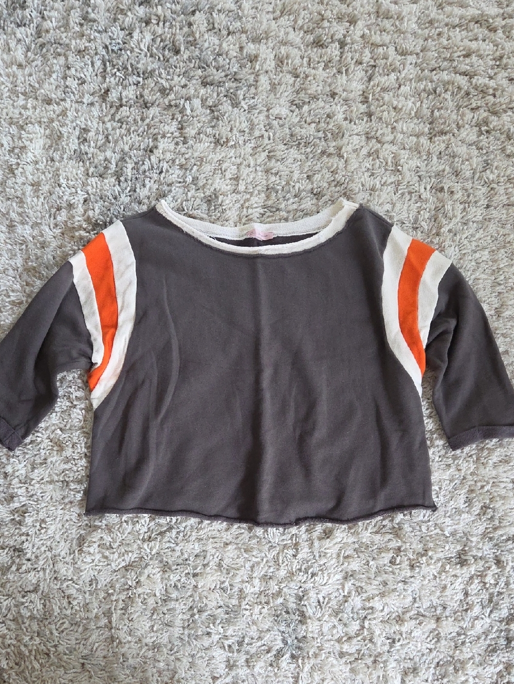 Ces Femme Charcoal Cropped 3/4 Sleeve Tee with Orange and White Stripes